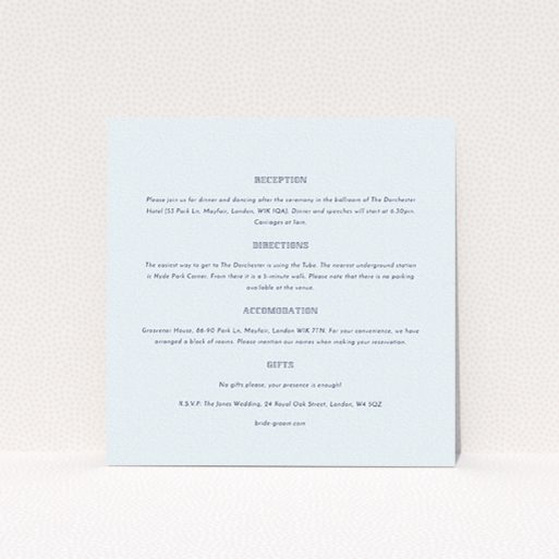 Wedding Information Insert Sheets - In Between The Lines Square (Light Blue) A wedding information sheet design called "In between the lines square". It is a square (148mm x 148mm) card in a square orientation. "In between the lines square" is available as a flat card, with tones of off-white and red.