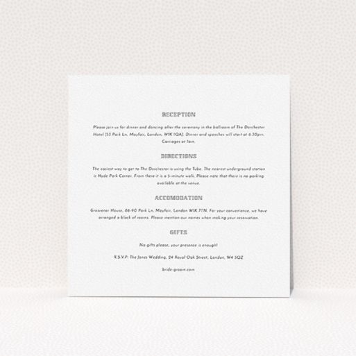 Wedding Information Insert Sheets - In Between The Lines Square (Black) A wedding information sheet template titled "In between the lines square". It is a square (148mm x 148mm) card in a square orientation. "In between the lines square" is available as a flat card, with mainly white colouring.