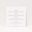 A wedding information sheet design titled "In between the lines square". It is a square (148mm x 148mm) card in a square orientation. "In between the lines square" is available as a flat card, with mainly white colouring.