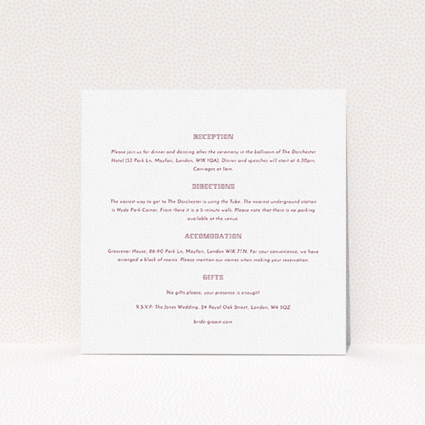 A wedding information sheet design titled "In between the lines square". It is a square (148mm x 148mm) card in a square orientation. "In between the lines square" is available as a flat card, with mainly white colouring.