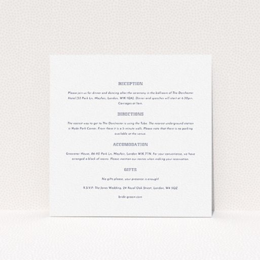 Wedding Information Insert Sheets - In Between The Lines Square (Navy Blue) A wedding information sheet named "In between the lines square". It is a square (148mm x 148mm) card in a square orientation. "In between the lines square" is available as a flat card, with mainly white colouring.
