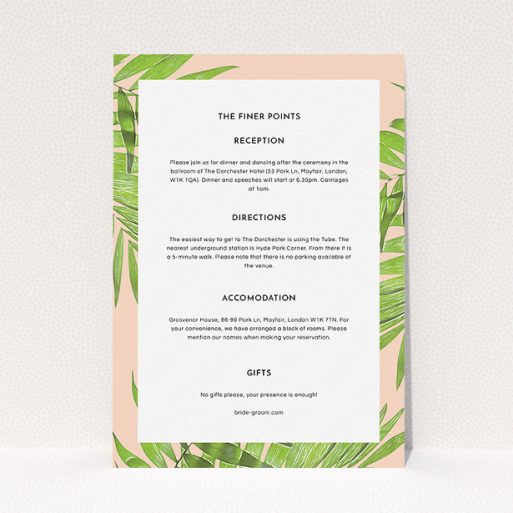 Wedding Information Sheet Design - "In the courtyard" A wedding information sheet named "In the courtyard". It is an A5 card in a portrait orientation. "In the courtyard" is available as a flat card, with tones of light pink and green.