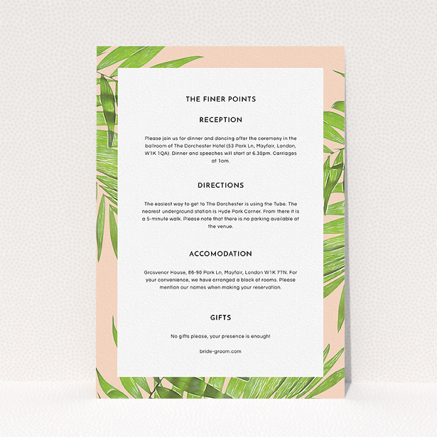 A wedding information sheet named "In the courtyard". It is an A5 card in a portrait orientation. "In the courtyard" is available as a flat card, with tones of light pink and green.