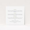 A wedding information sheet design called "In the suburbs". It is a square (148mm x 148mm) card in a square orientation. "In the suburbs" is available as a flat card, with mainly white colouring.
