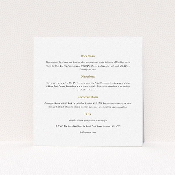 A wedding information sheet design called "In the suburbs". It is a square (148mm x 148mm) card in a square orientation. "In the suburbs" is available as a flat card, with mainly white colouring.