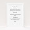 A wedding information sheet template titled "Just us landscape". It is an A5 card in a portrait orientation. "Just us landscape" is available as a flat card, with mainly white colouring.