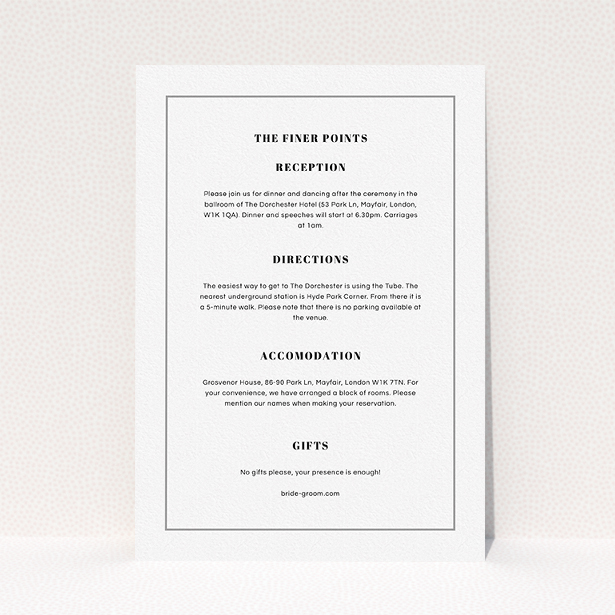 A wedding information sheet template titled "Just us landscape". It is an A5 card in a portrait orientation. "Just us landscape" is available as a flat card, with mainly white colouring.