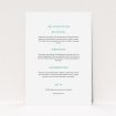 A wedding information sheet design called "Laydown simple". It is an A5 card in a portrait orientation. "Laydown simple" is available as a flat card, with mainly white colouring.