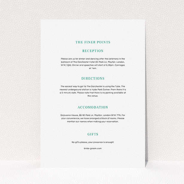 A wedding information sheet design called "Laydown simple". It is an A5 card in a portrait orientation. "Laydown simple" is available as a flat card, with mainly white colouring.