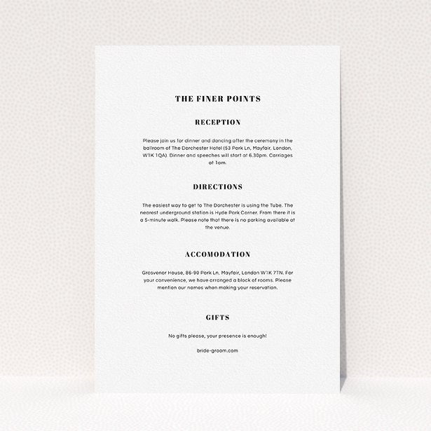 A wedding information sheet called "Lines with a thick border". It is an A5 card in a portrait orientation. "Lines with a thick border" is available as a flat card, with mainly white colouring.
