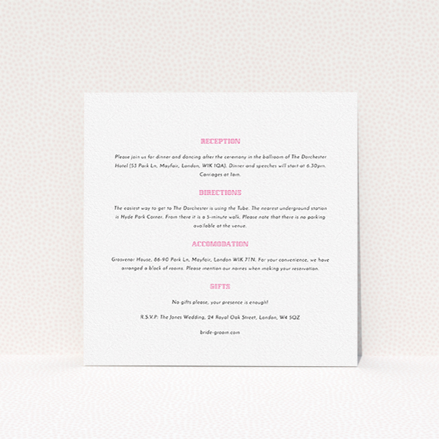 A wedding information sheet design titled "Lucky cat". It is a square (148mm x 148mm) card in a square orientation. "Lucky cat" is available as a flat card, with mainly white colouring.