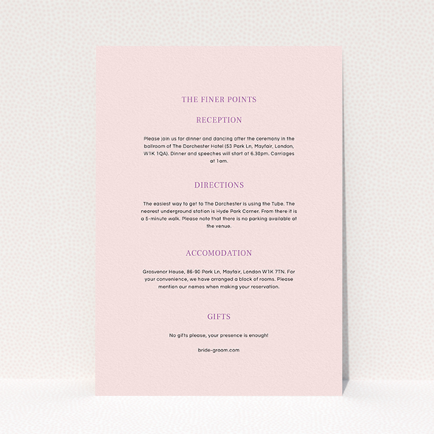 A wedding information sheet design called "Lucky horse shoe". It is an A5 card in a portrait orientation. "Lucky horse shoe" is available as a flat card, with mainly light pink colouring.