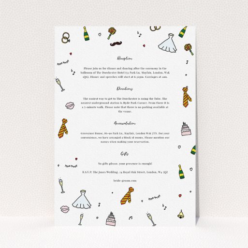 Wedding Information Sheet Design - "Matrimonial Doodles" A wedding information sheet design titled "Matrimonial Doodles". It is an A5 card in a portrait orientation. "Matrimonial Doodles" is available as a flat card, with tones of white and yellow.