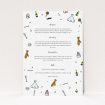A wedding information sheet design titled "Matrimonial Doodles". It is an A5 card in a portrait orientation. "Matrimonial Doodles" is available as a flat card, with tones of white and yellow.