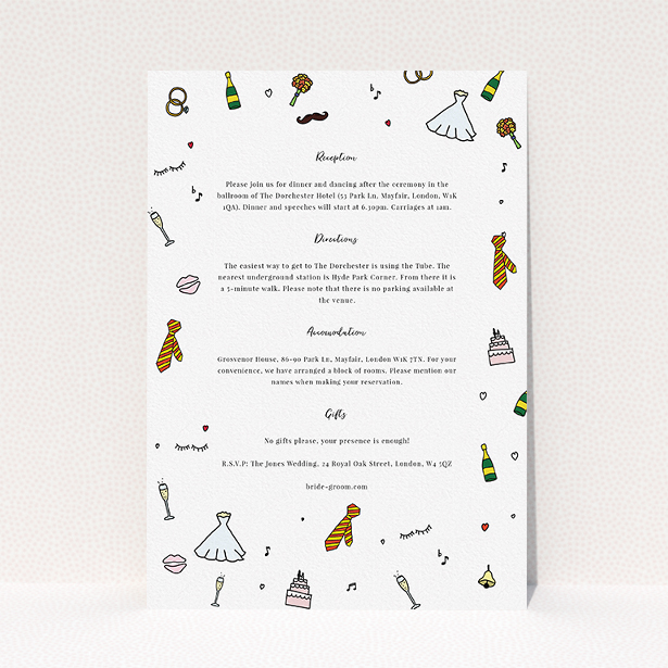A wedding information sheet design titled "Matrimonial Doodles". It is an A5 card in a portrait orientation. "Matrimonial Doodles" is available as a flat card, with tones of white and yellow.