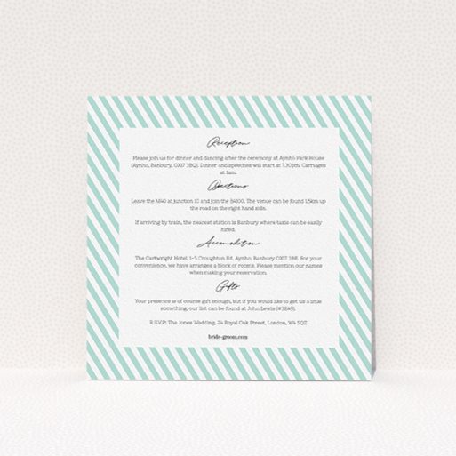 Wedding Information Sheet Design - "Mint Diagonals" A wedding information sheet design called "Mint Diagonals". It is a square (148mm x 148mm) card in a square orientation. "Mint Diagonals" is available as a flat card, with tones of duck shell green and white.