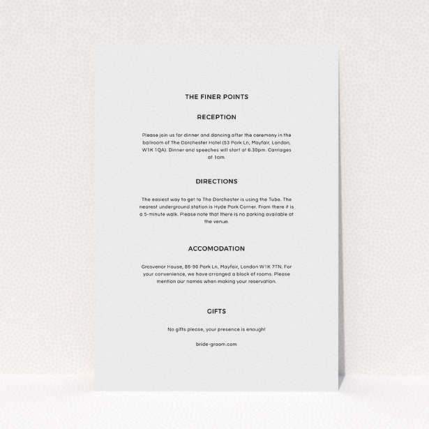 A wedding information sheet named "Newsreel". It is an A5 card in a portrait orientation. "Newsreel" is available as a flat card, with mainly grey colouring.