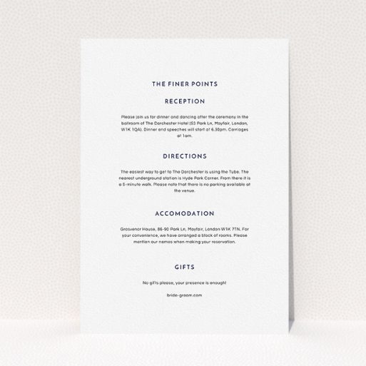 Wedding Information Insert Sheets - Off And Away (Navy Blue) A wedding information sheet design titled "Off and away". It is an A5 card in a portrait orientation. "Off and away" is available as a flat card, with mainly white colouring.