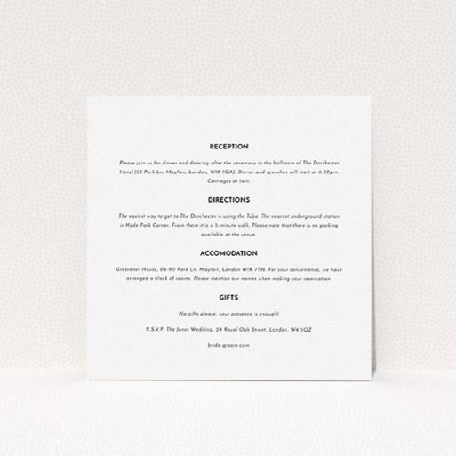 Wedding Information Insert Sheets - Olive Branch Stamp (Black) A wedding information sheet called "Olive branch stamp". It is a square (148mm x 148mm) card in a square orientation. "Olive branch stamp" is available as a flat card, with mainly white colouring.