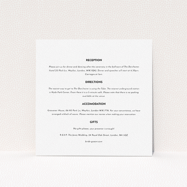 A wedding information sheet called "Olive branch stamp". It is a square (148mm x 148mm) card in a square orientation. "Olive branch stamp" is available as a flat card, with mainly white colouring.