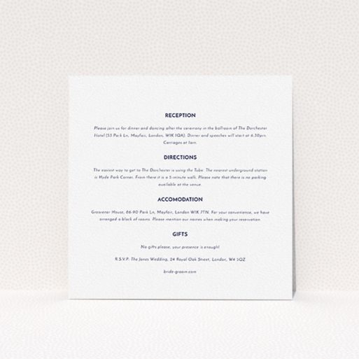 Wedding Information Insert Sheets - Olive Branch Stamp (Navy Blue) A wedding information sheet design titled "Olive branch stamp". It is a square (148mm x 148mm) card in a square orientation. "Olive branch stamp" is available as a flat card, with mainly white colouring.