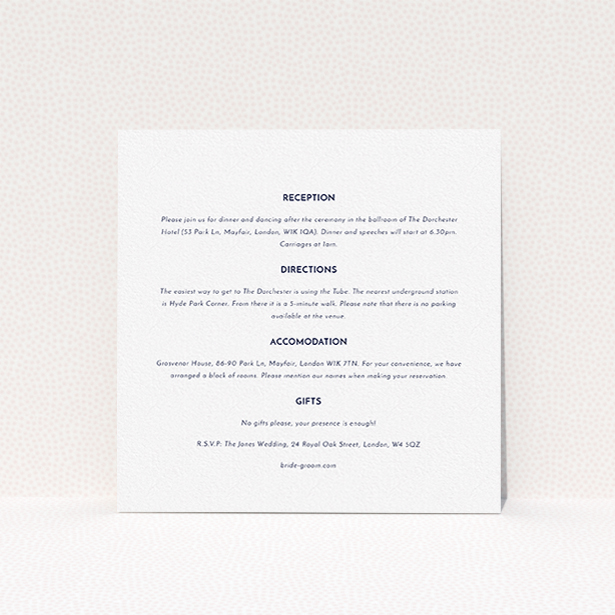 A wedding information sheet design titled "Olive branch stamp". It is a square (148mm x 148mm) card in a square orientation. "Olive branch stamp" is available as a flat card, with mainly white colouring.