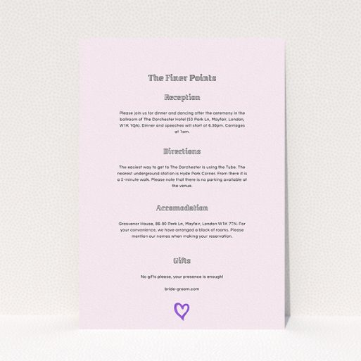 Wedding Information Sheet Design - "One little heart" A wedding information sheet template titled "One little heart". It is an A5 card in a portrait orientation. "One little heart" is available as a flat card, with mainly light pink colouring.