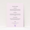 A wedding information sheet template titled "One little heart". It is an A5 card in a portrait orientation. "One little heart" is available as a flat card, with mainly light pink colouring.