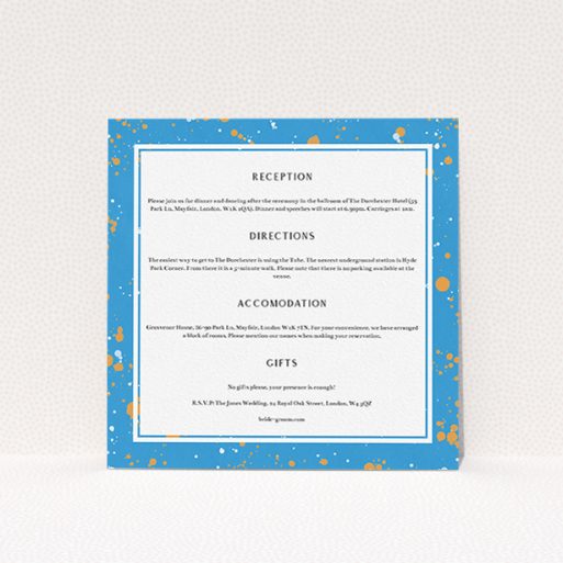Wedding Information Sheet Design - "Orange Splatters" A wedding information sheet named "Orange Splatters". It is a square (148mm x 148mm) card in a square orientation. "Orange Splatters" is available as a flat card, with tones of blue and white.