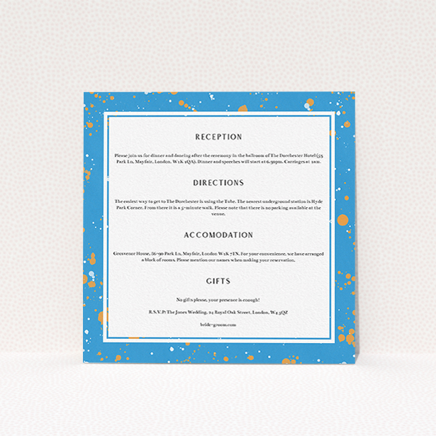 A wedding information sheet named "Orange Splatters". It is a square (148mm x 148mm) card in a square orientation. "Orange Splatters" is available as a flat card, with tones of blue and white.