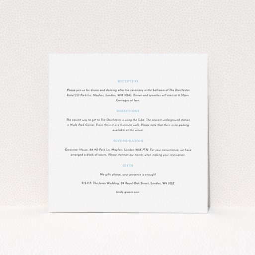 Wedding Information Insert Sheets - Pastel Flower Border (Light Blue) A wedding information sheet named "Pastel flower border". It is a square (148mm x 148mm) card in a square orientation. "Pastel flower border" is available as a flat card, with mainly white colouring.