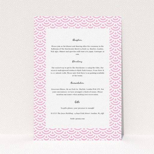 Wedding Information Sheet Design - "Pink Fans" A wedding information sheet design called "Pink Fans". It is an A5 card in a portrait orientation. "Pink Fans" is available as a flat card, with mainly light pink colouring.