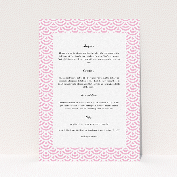 A wedding information sheet design called "Pink Fans". It is an A5 card in a portrait orientation. "Pink Fans" is available as a flat card, with mainly light pink colouring.