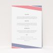 A wedding information sheet called "Preppy Lines". It is an A5 card in a portrait orientation. "Preppy Lines" is available as a flat card, with tones of white and red.