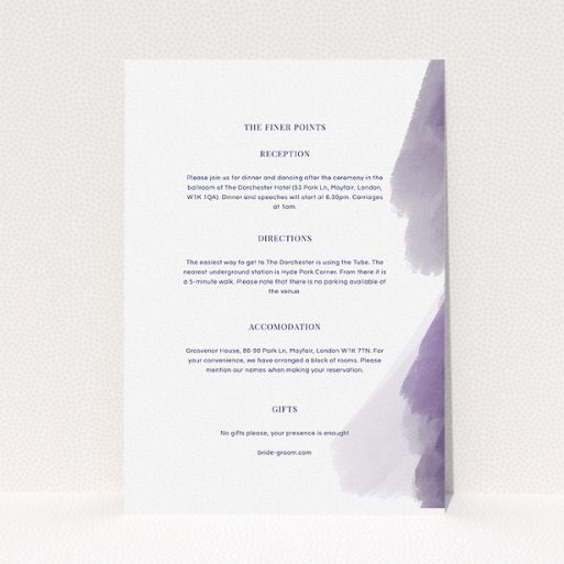 Wedding Information Sheet Design - "Purple halftone" A wedding information sheet design titled "Purple halftone". It is an A5 card in a portrait orientation. "Purple halftone" is available as a flat card, with tones of white and purple.