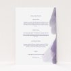 A wedding information sheet design titled "Purple halftone". It is an A5 card in a portrait orientation. "Purple halftone" is available as a flat card, with tones of white and purple.
