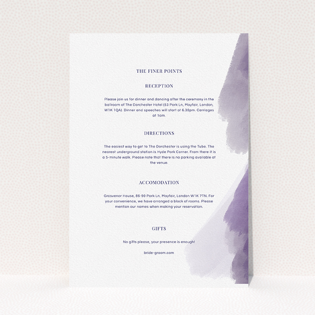 A wedding information sheet design titled "Purple halftone". It is an A5 card in a portrait orientation. "Purple halftone" is available as a flat card, with tones of white and purple.