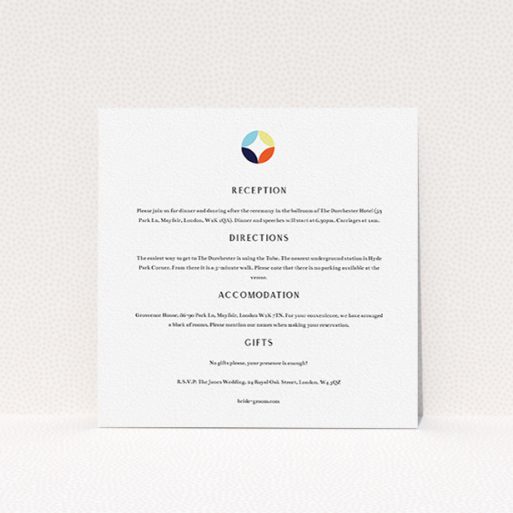 Wedding Information Sheet Design - "Round and Round" A wedding information sheet design called "Round and Round". It is a square (148mm x 148mm) card in a square orientation. "Round and Round" is available as a flat card, with tones of white and blue.