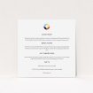 A wedding information sheet design called "Round and Round". It is a square (148mm x 148mm) card in a square orientation. "Round and Round" is available as a flat card, with tones of white and blue.