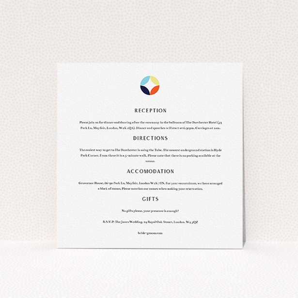 A wedding information sheet design called "Round and Round". It is a square (148mm x 148mm) card in a square orientation. "Round and Round" is available as a flat card, with tones of white and blue.