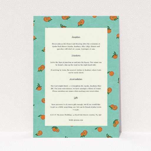 Wedding Information Sheet Design - "Seville" A wedding information sheet named "Seville". It is an A5 card in a portrait orientation. "Seville" is available as a flat card, with tones of light green and orange.