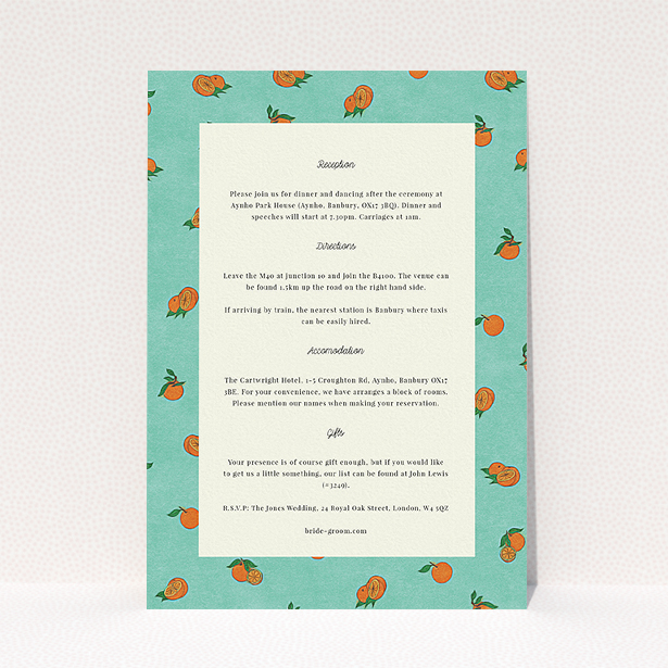 A wedding information sheet named "Seville". It is an A5 card in a portrait orientation. "Seville" is available as a flat card, with tones of light green and orange.