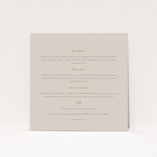Wedding Information Insert Sheets - Shanghai Nights (Amber) A wedding information sheet template titled "Shanghai Nights". It is a square (148mm x 148mm) card in a square orientation. "Shanghai Nights" is available as a flat card, with tones of dark cream and gold.