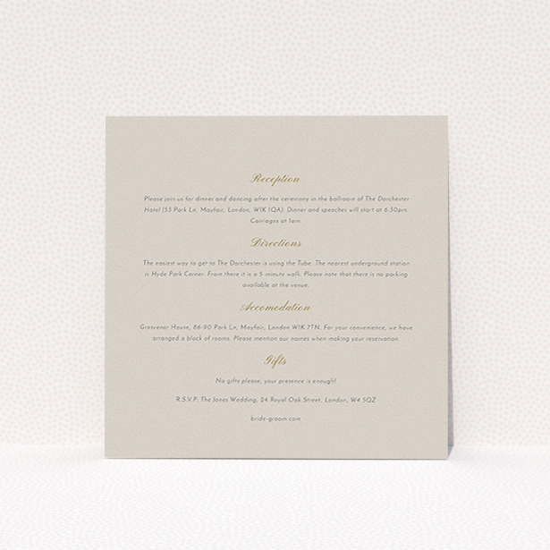 A wedding information sheet template titled "Shanghai Nights". It is a square (148mm x 148mm) card in a square orientation. "Shanghai Nights" is available as a flat card, with tones of dark cream and gold.