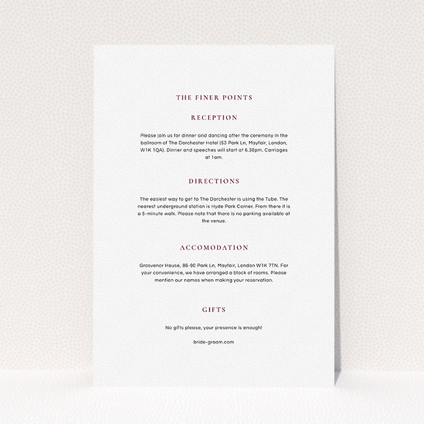 A wedding information sheet template titled "Signature script". It is an A5 card in a portrait orientation. "Signature script" is available as a flat card, with mainly white colouring.