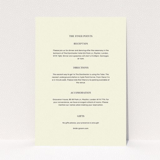 Wedding Information Sheet Design - "Simple flourish" A wedding information sheet design titled "Simple flourish". It is an A5 card in a portrait orientation. "Simple flourish" is available as a flat card, with mainly cream colouring.