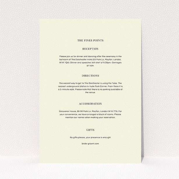 A wedding information sheet design titled "Simple flourish". It is an A5 card in a portrait orientation. "Simple flourish" is available as a flat card, with mainly cream colouring.