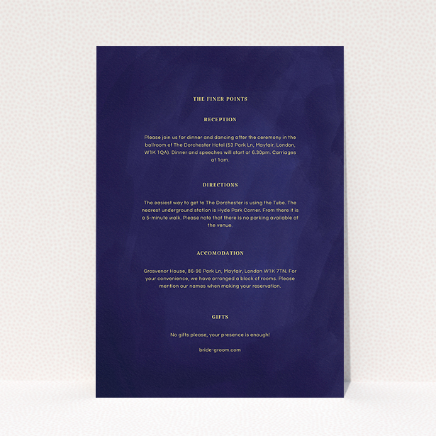 A wedding information sheet named "Sky at night". It is an A5 card in a portrait orientation. "Sky at night" is available as a flat card, with tones of midnight blue and yellow.