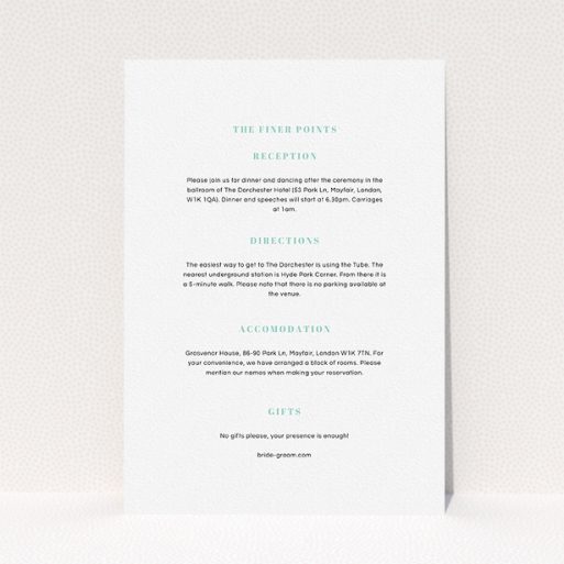 Wedding Information Insert Sheets - Take On The Sides (Green) A wedding information sheet called "Take on the sides". It is an A5 card in a portrait orientation. "Take on the sides" is available as a flat card, with mainly white colouring.