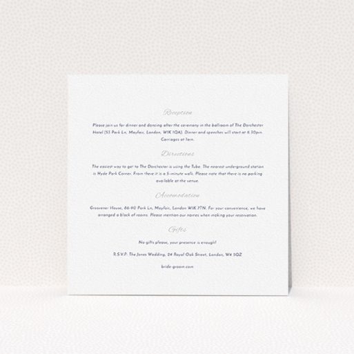Wedding Information Insert Sheets - Tandem Sheet (Grey) A wedding information sheet called "Tandem sheet". It is a square (148mm x 148mm) card in a square orientation. "Tandem sheet" is available as a flat card, with mainly white colouring.